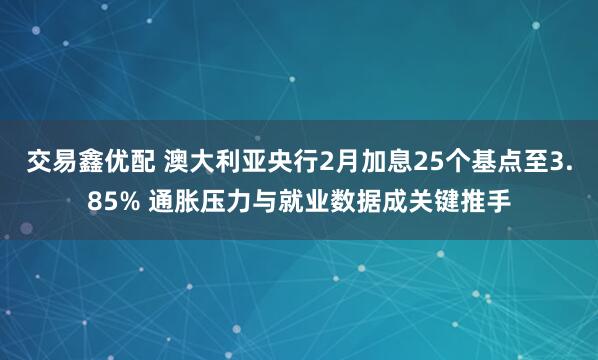 交易鑫优配 澳大利亚央行2月加息25个基点至3.85% 通胀压力与就业数据成关键推手
